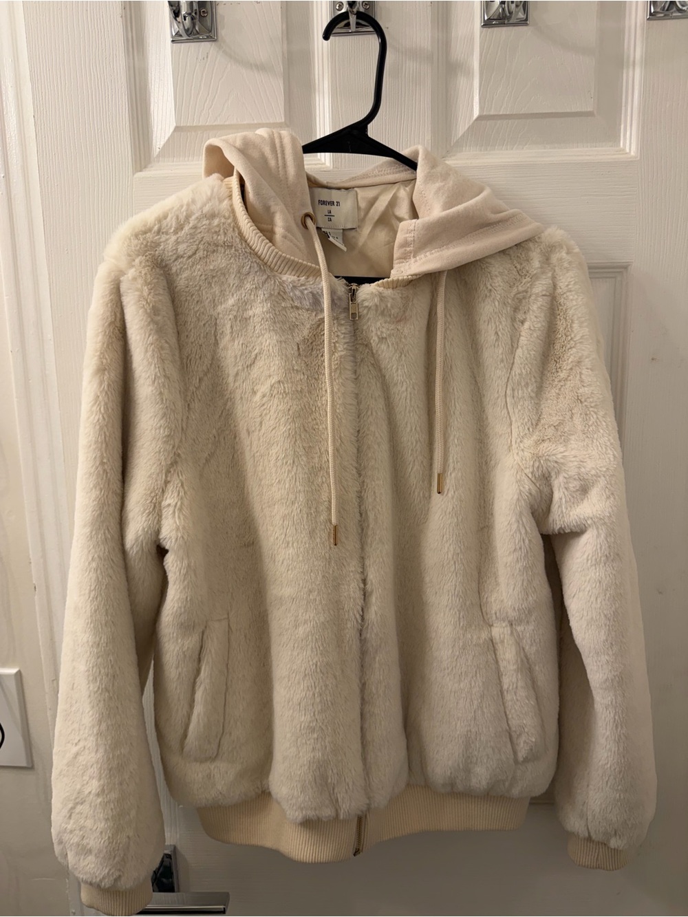 Forever 21 Cream Faux-Fur Hooded Teddy Jacket